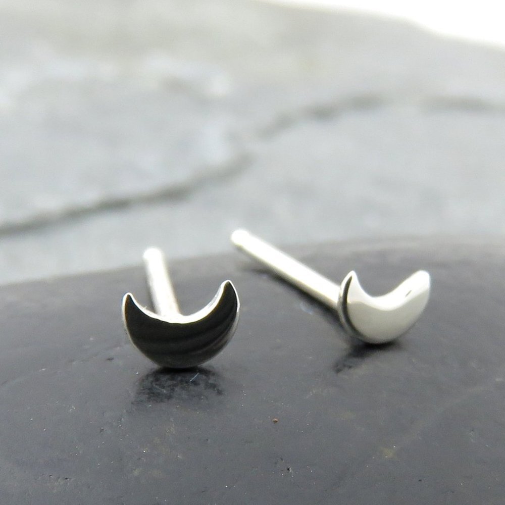 Tiny Silver Half Moon Stud Earrings 4mm Size Artisan Handcrafted NWT - Picture 3 of 7